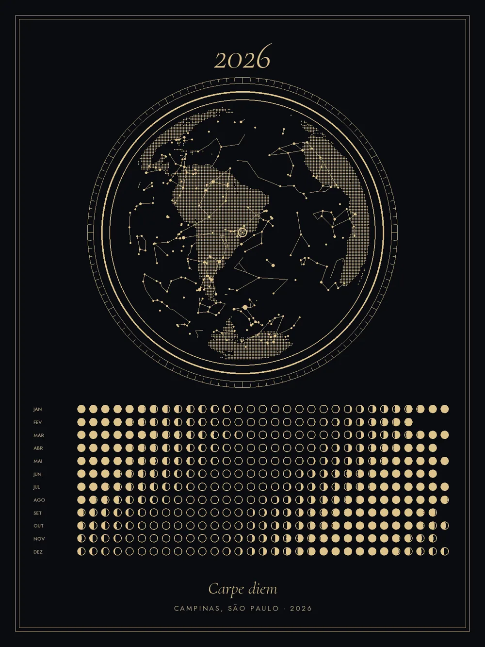 Quadro calendário lunar no estilo Noite dourada, com o globo em pontos e as 365 fases do ano.