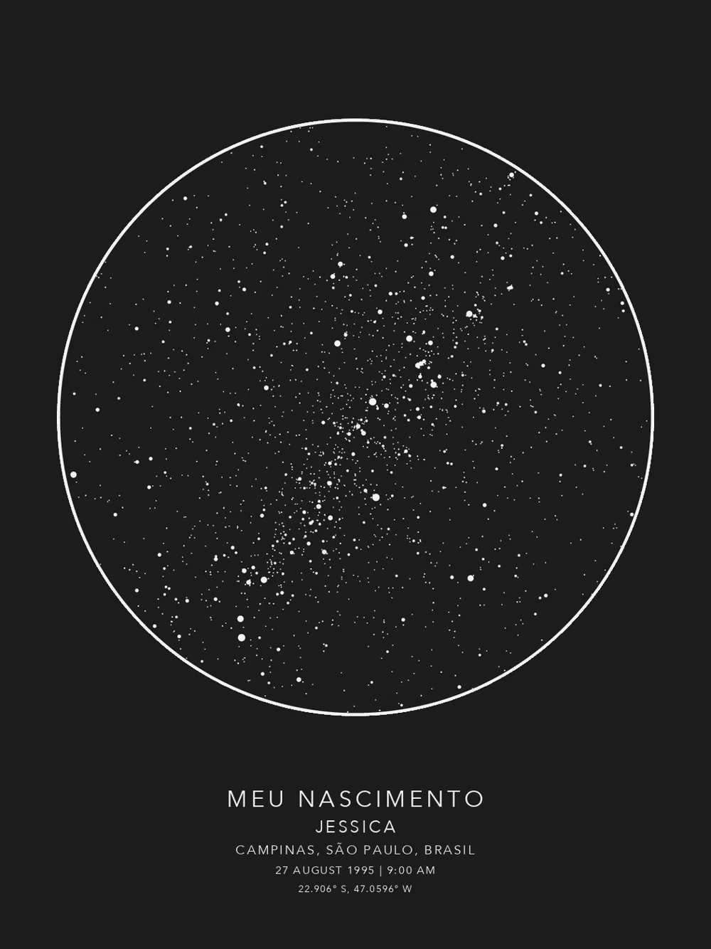 Mapa do céu no estilo Clássico, com a frase Meu nascimento.