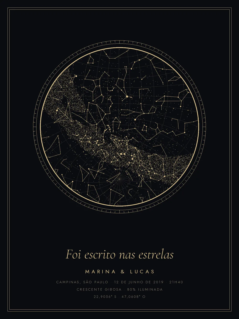 Quadro mapa do céu no estilo Noite dourada, com constelações em dourado sobre fundo preto.