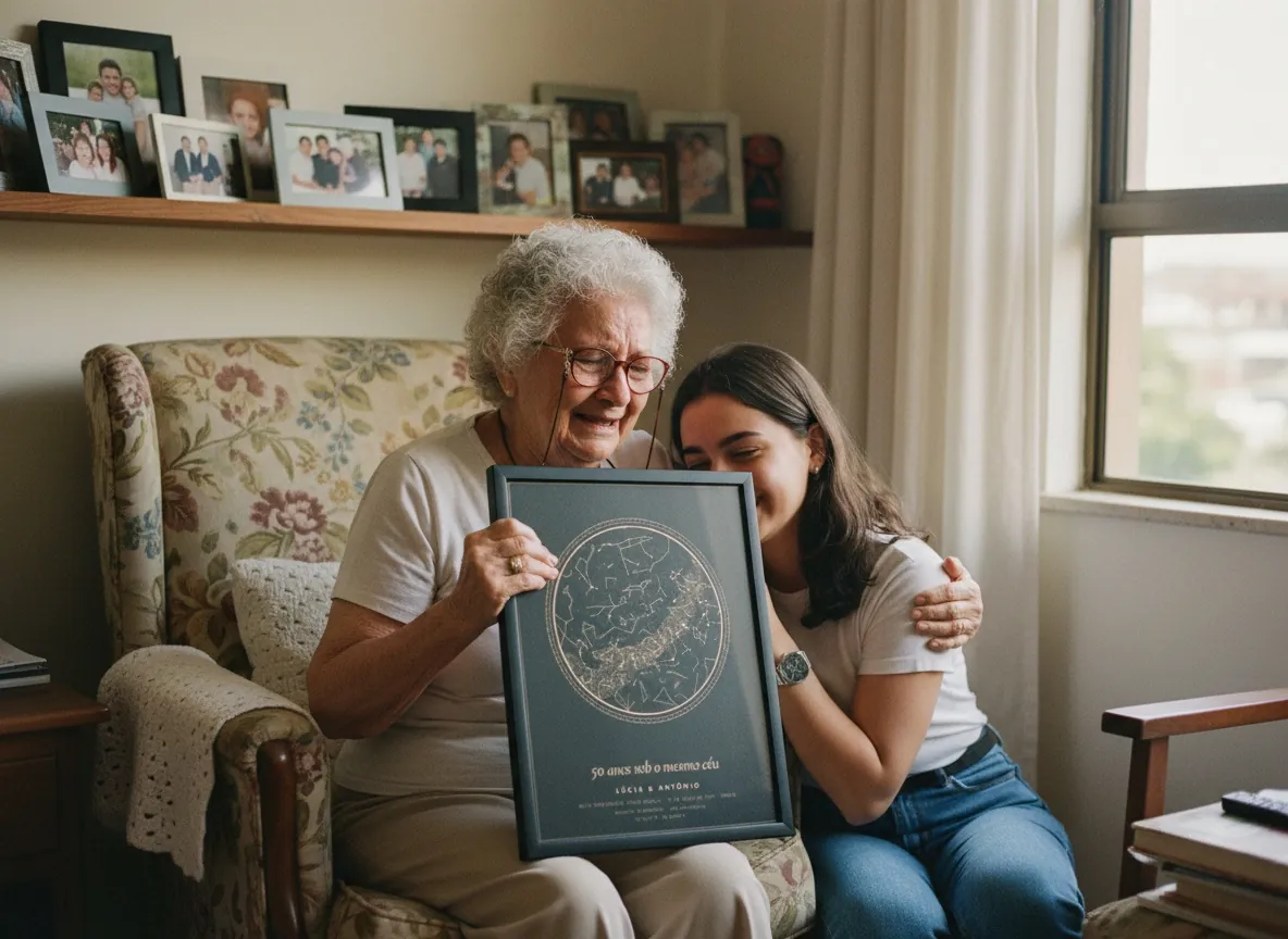 Avó emocionada recebendo da neta o mapa do céu de 50 anos de casamento.