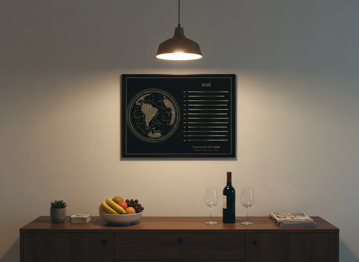 Calendário lunar horizontal em moldura preta acima do aparador da sala de jantar.