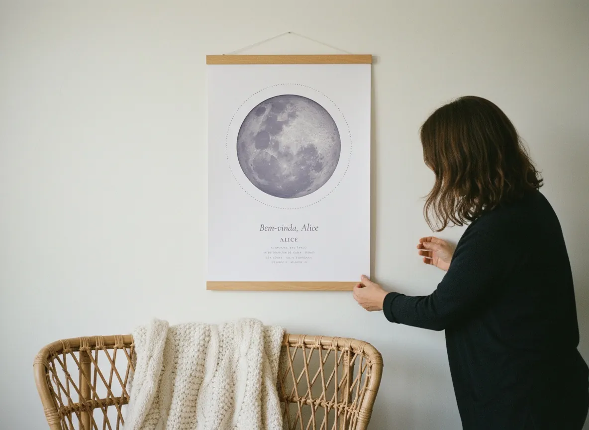 Mãe ajeitando o pôster da fase da lua com prendedor de madeira no quarto do bebê.