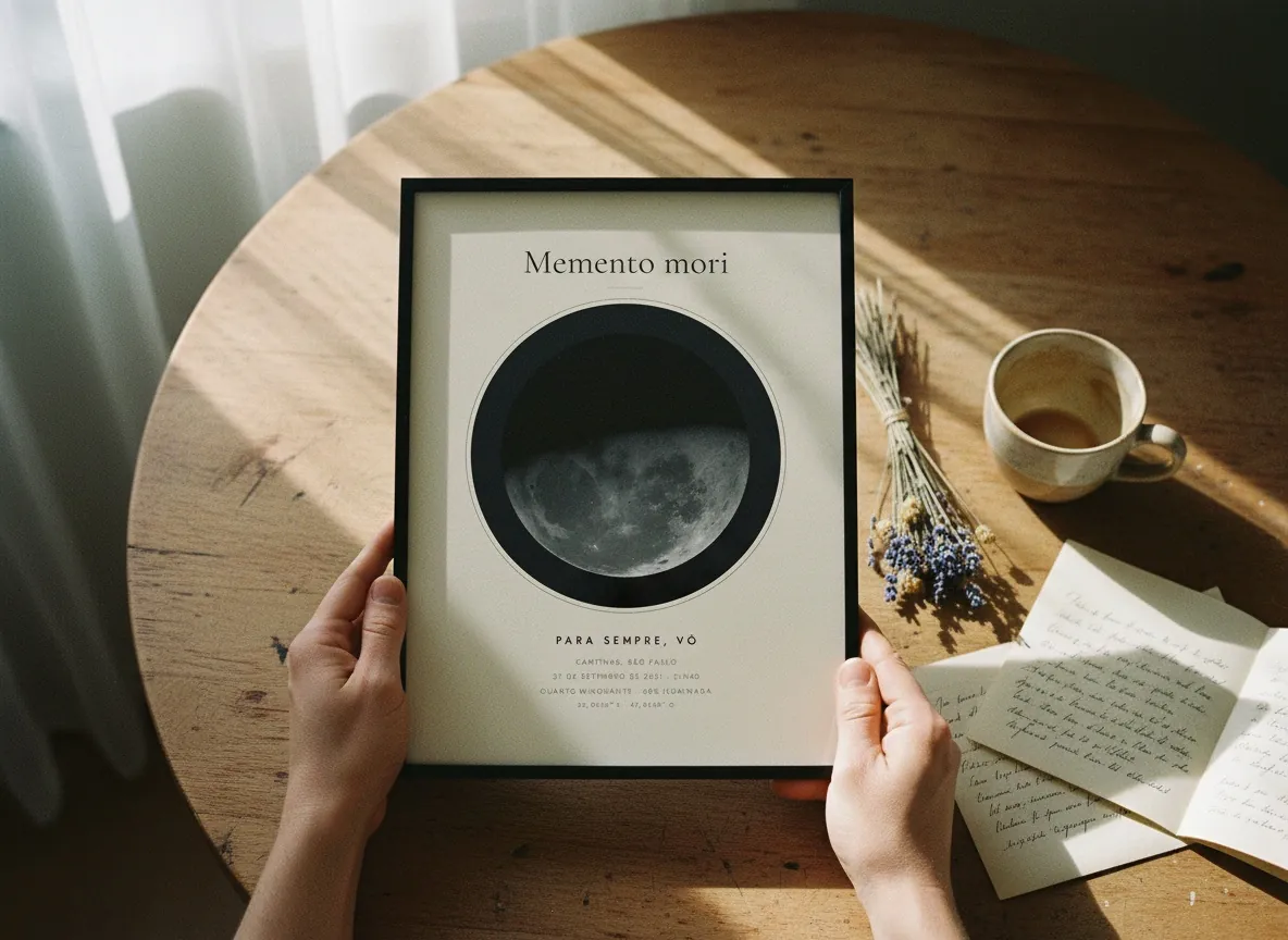 Mãos segurando o quadro da lua com a frase Memento mori sobre uma mesa de madeira.