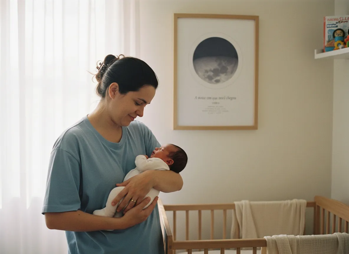 Mãe com o bebê no colo ao lado do quadro da fase da lua no quarto.