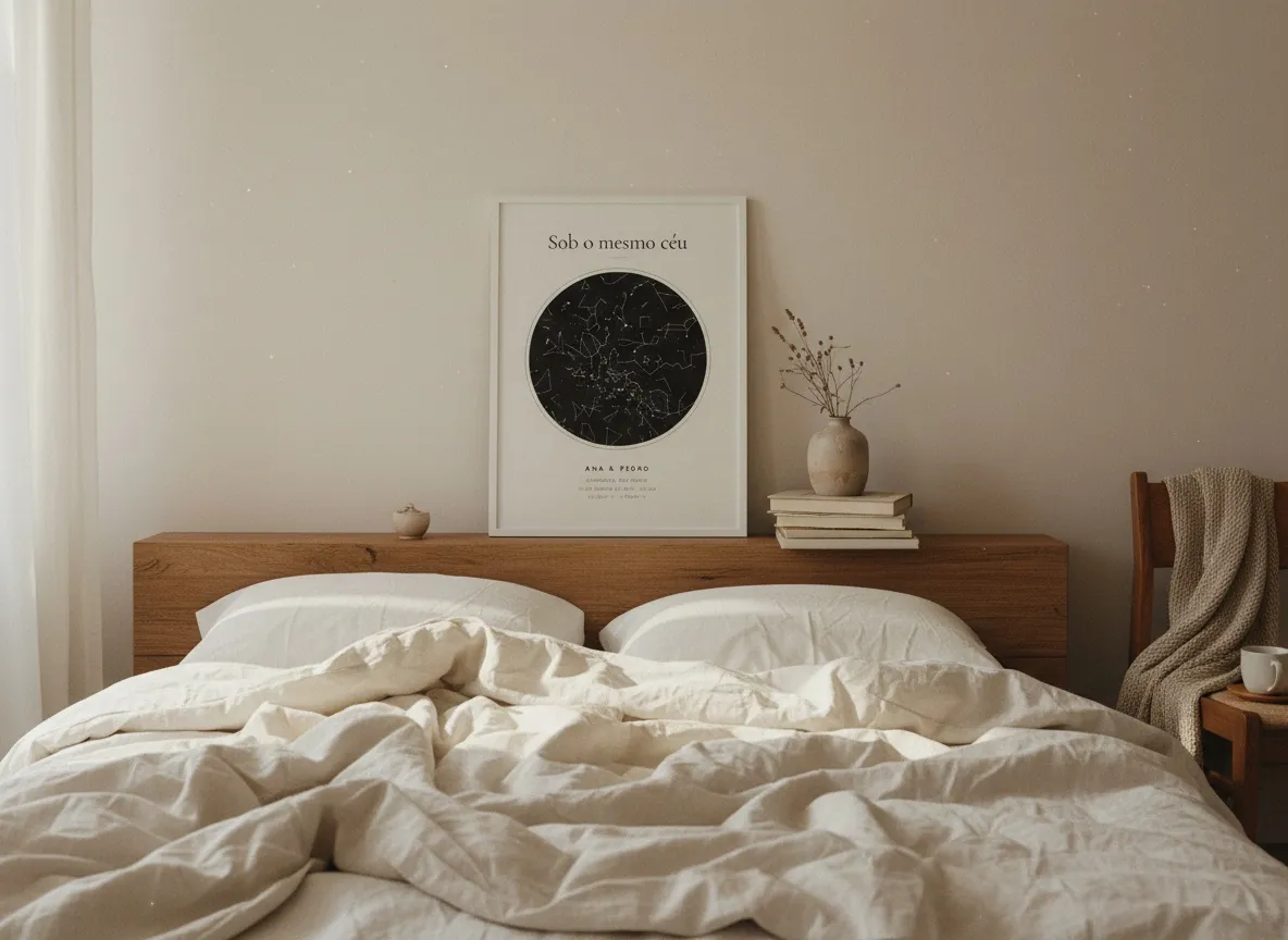 Mapa do céu Editorial creme em moldura branca apoiado numa prateleira de quarto.
